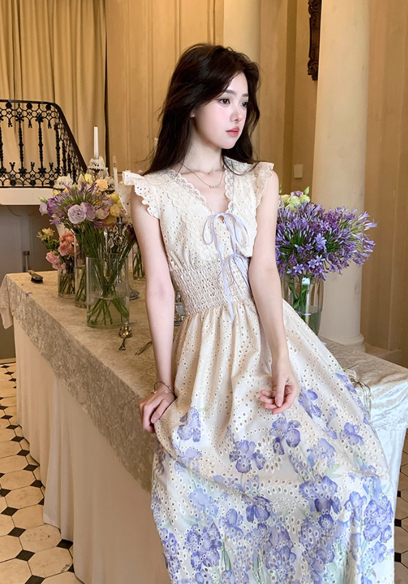 V-neck small flying sleeves printed hollow waist dress women's summer French temperament skirt R4618