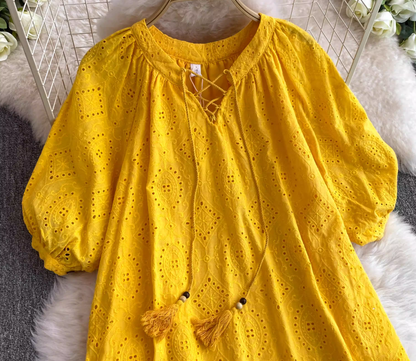Rose Story Same Style Mid Sleeve V-Neck Yellow Dress Summer French Loose Skirt R0313