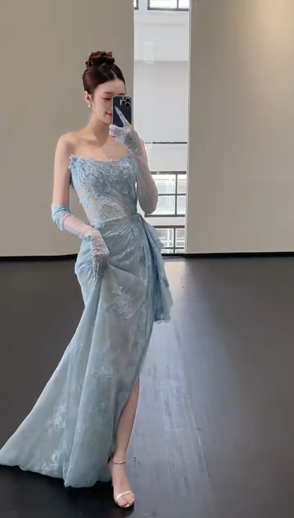 Blue Lace Mermaid Long Prom Dress Sexy Evening Dresses With Side Split   fg7665