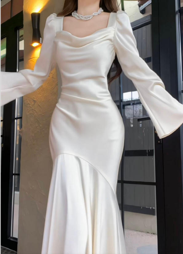 Mermaid satin white long dress engagement dress evening dress    S5941