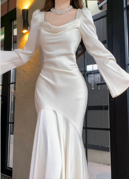 Mermaid satin white long dress engagement dress evening dress    S5941