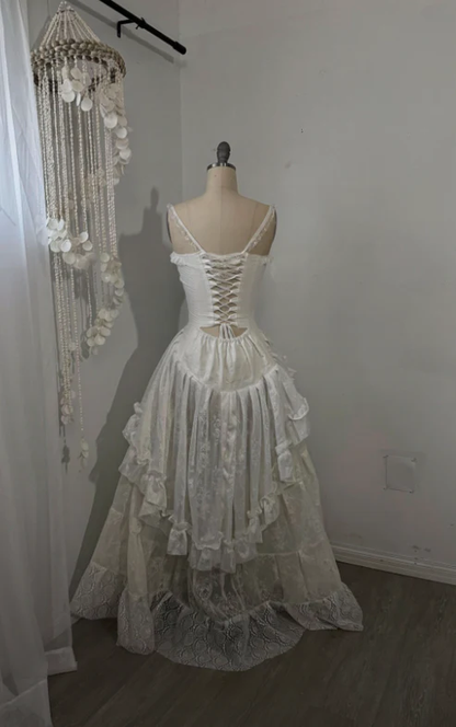 Retro Spaghetti Straps A-Line Lace Ruffles Vintage Wedding Dress Eveing Dress, D862