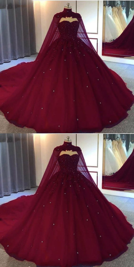 Burgundy Ball Gown Wedding Dress tulle Prom Dresses