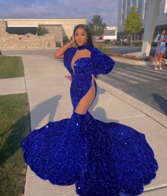 Blue Sequins Prom Gown Floor length Prom dress wedding reception gown
