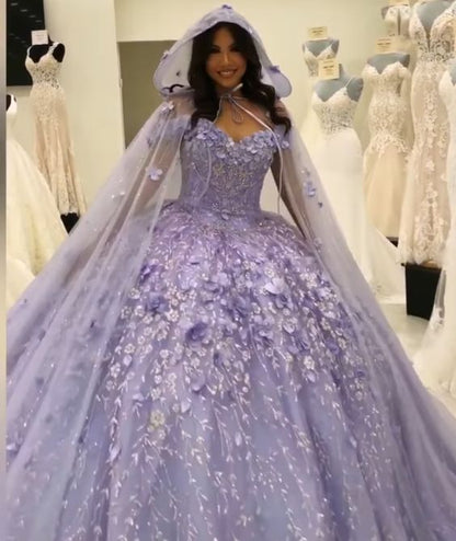 Lavender Princess Quinceanera Dress Ball Gown Lace Appliques Corset Sweet 15 Prom Dresses