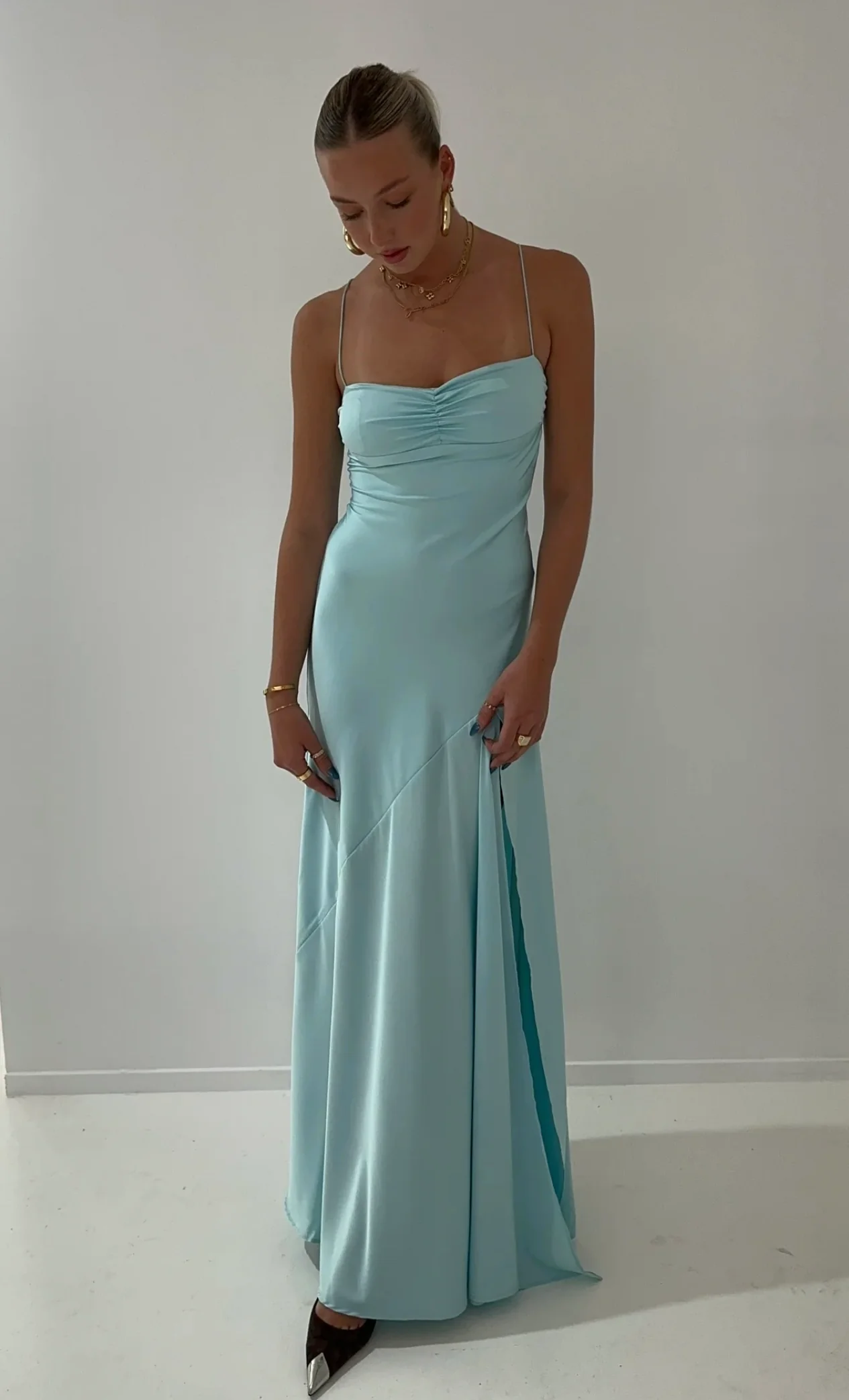 Spaghetti Straps Yellow Long Sheath Prom Dress With Slit MD7581