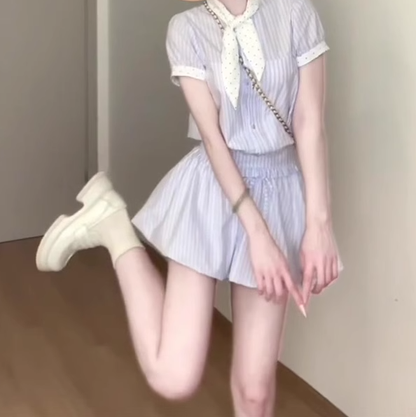 Gentle blue striped short-sleeved dress with elegant waist A-line short skirt R0818
