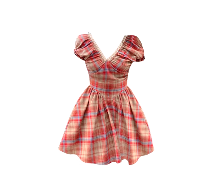 Tea break French retro slim temperament red plaid dress new V-neck puff sleeve princess dress R0171