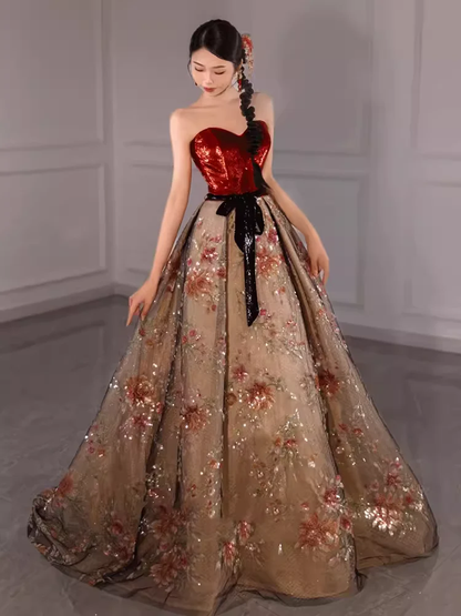Ball Gown Strapless Burgundy Sequin Long Evening Dress Prom Dress
