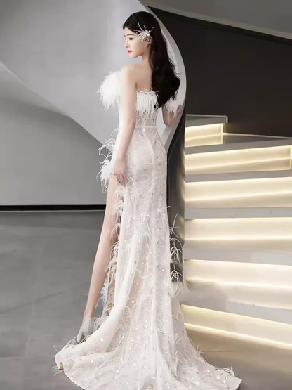 Mermaid Strapless Sequin Beads Long Evening Dress Slit Prom Dresses With Feathers  fg8585