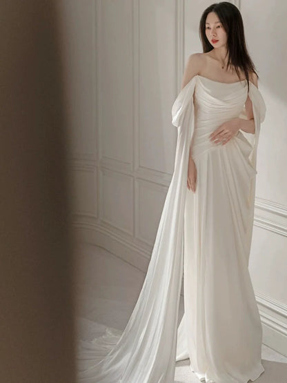 White long evening gown off shoulder birthday party dress   S6833