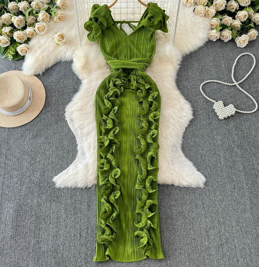 Banquet high-end dress light luxury niche pleated three-dimensional ruffled slim temperament dress R0349