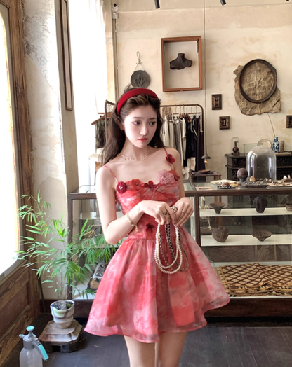 Red printed chiffon suspender dress women's summer French style waist skirt R4580