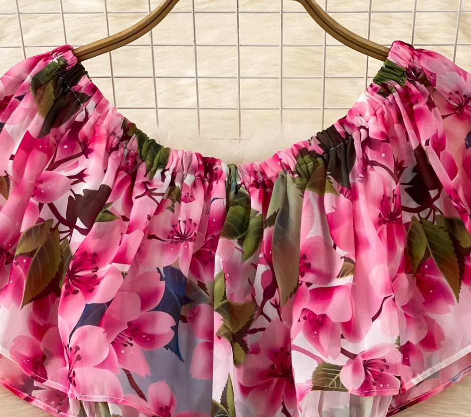 2025 new style ruffled one-shoulder printed two-way long skirt high waist slimming super fairy big swing dress R0352
