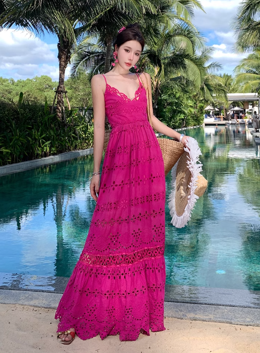 French retro heavy hollow flower embroidery design rose red suspender dress waist lace long skirt R0205