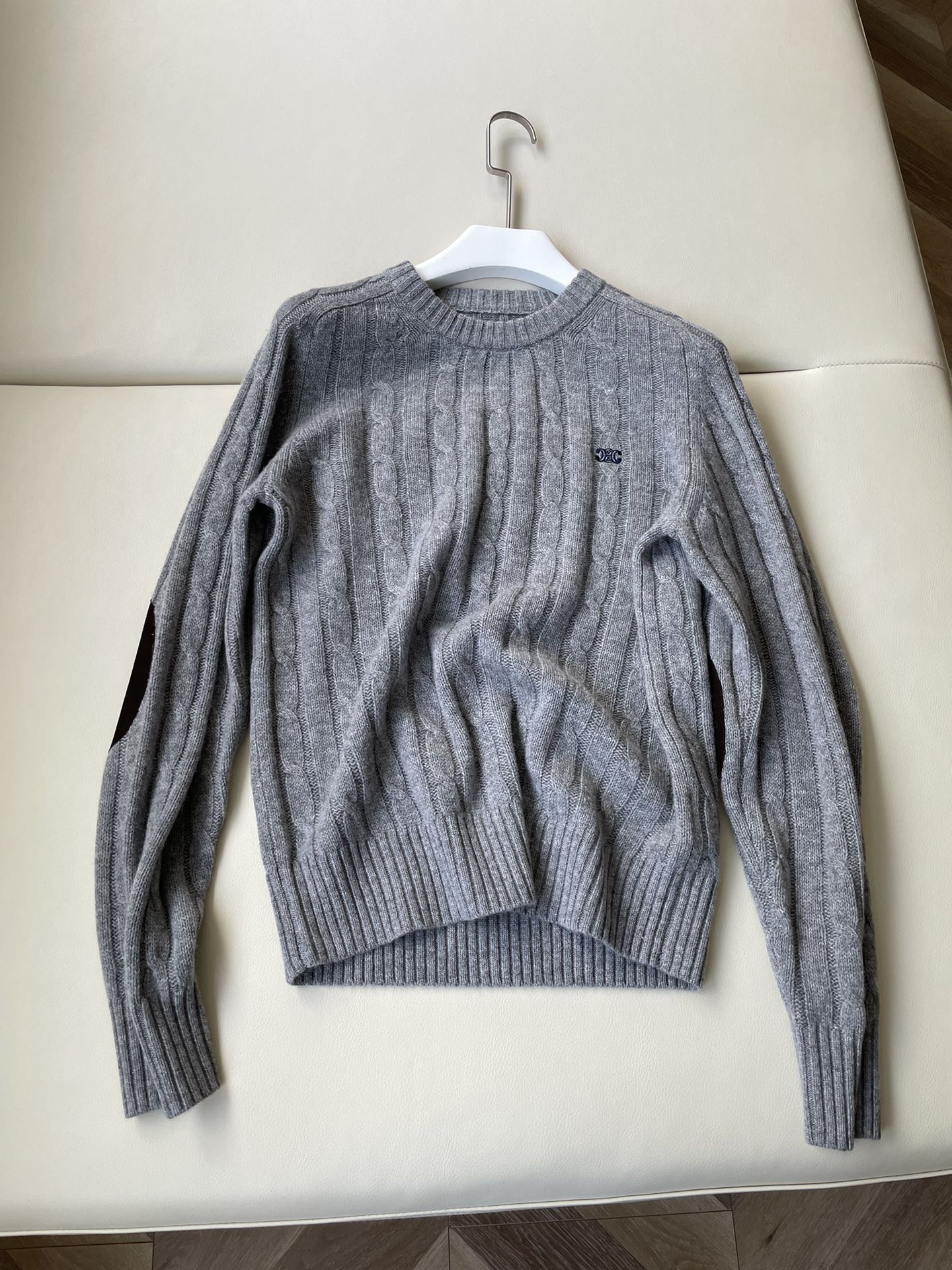 Celine Twisted Leather Sleeve Sweater Gray Cashmere