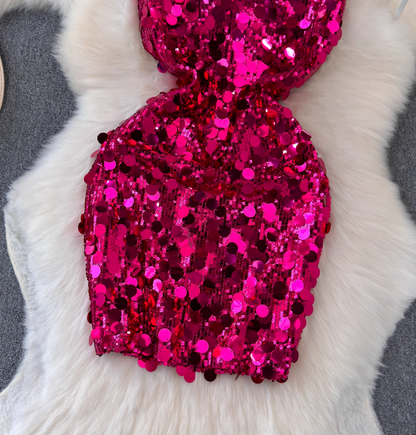 Light luxury heavy sequins celebrity niche banquet dress skirt sexy backless suspender dress R0320