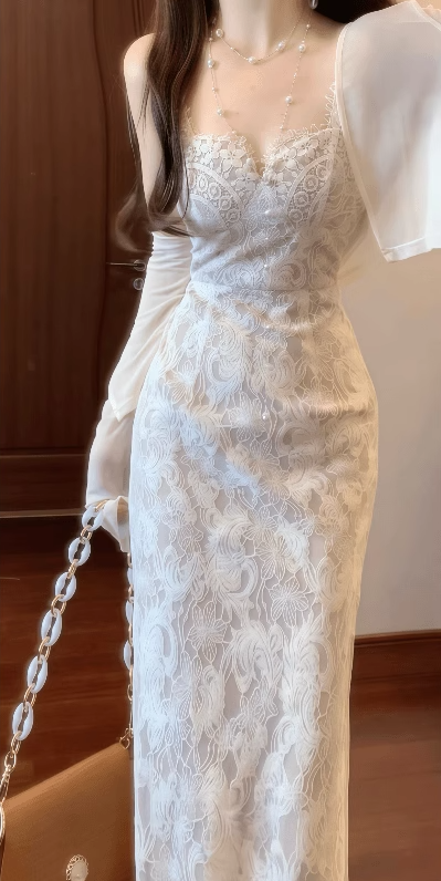French gentle style white lace suspender dress 2025 new style temperament high-end waist slim hip skirt R0455