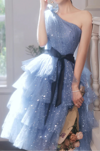 Shimmering Homecoming Dress One Shoulder Tulle Sequins Cascade Short Prom Dress Back to School Outfits Party Dress  D6101