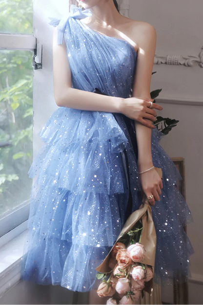Shimmering Homecoming Dress One Shoulder Tulle Sequins Cascade Short Prom Dress Back to School Outfits Party Dress  D6101