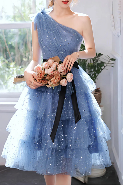 Shimmering Homecoming Dress One Shoulder Tulle Sequins Cascade Short Prom Dress Back to School Outfits Party Dress  D6101