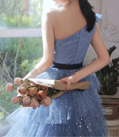 Shimmering Homecoming Dress One Shoulder Tulle Sequins Cascade Short Prom Dress Back to School Outfits Party Dress  D6101