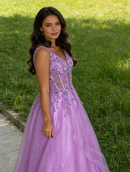 Morden Prom Dress A Line Purple Spaghetti Straps Pleated Tulle Long Gala Gown Evening Dress Party Outfits      D5016