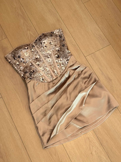 Shiny Homecoming Dress Strapless Pleated Sequins Short Prom Dress Back to School Outfits Birthday Party Dress  D5026