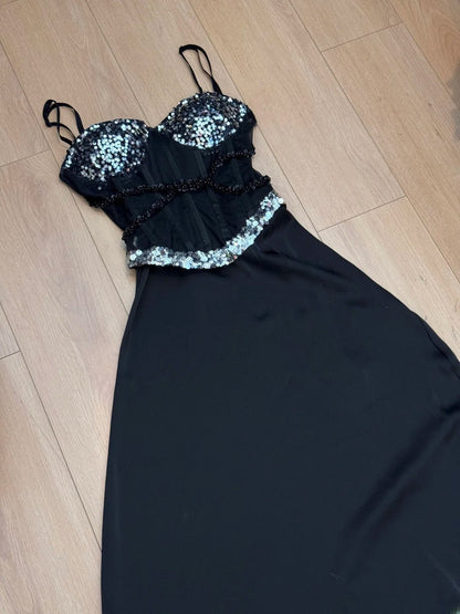 Sexy Prom Dress Black Spaghetti Straps Sheath Sequins Gala Gown Evening Dress Party Outfits      D5028