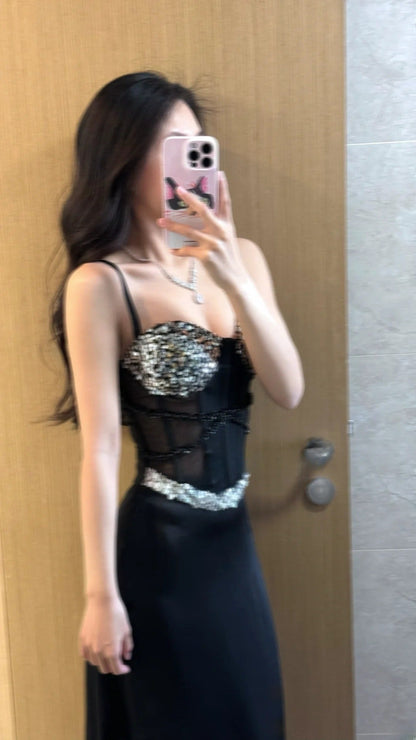 Sexy Prom Dress Black Spaghetti Straps Sheath Sequins Gala Gown Evening Dress Party Outfits      D5028