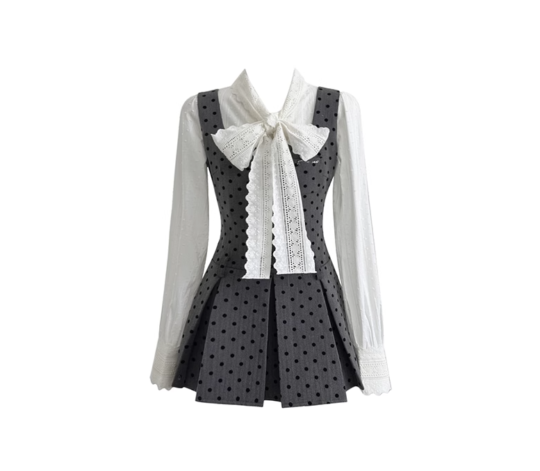 Gray polka dot suspender dress slim French retro lace bow tie shirt two-piece suit R0043