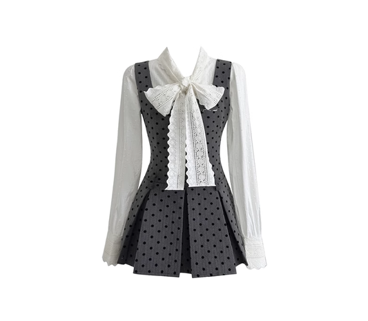 Gray polka dot suspender dress slim French retro lace bow tie shirt two-piece suit R0043