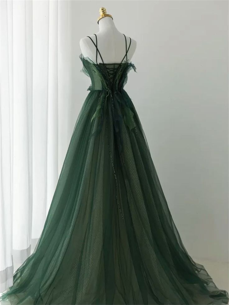Ball Gown Spaghetti Straps Floor Length Dark Green Long Prom Dresses B008