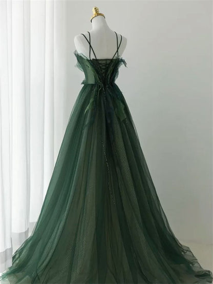 Ball Gown Spaghetti Straps Floor Length Dark Green Long Prom Dresses B008