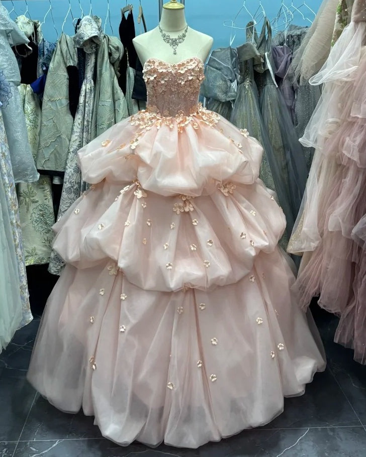 Sweet Ball Gown Sweetheart Pleated Floral Quinceanera Dress Evening Dress Gala Prom Gown       D5041