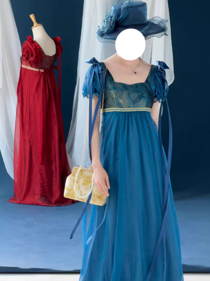 Pretty Imperial Prom Dress Blue Square Neck Pleated Gala Gown Evening Dress Party Outfits      D5056