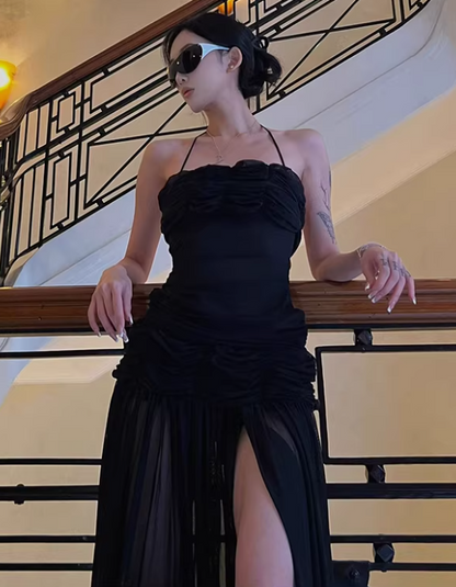 Sexy Prom Dress Black Halter Pleated Tulle Gala Gown Evening Dress Birthday Party Outfits     D5059