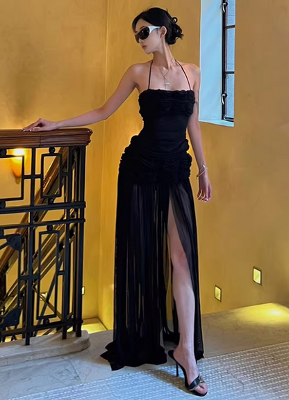 Sexy Prom Dress Black Halter Pleated Tulle Gala Gown Evening Dress Birthday Party Outfits     D5059