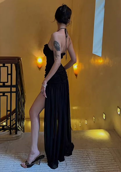 Sexy Prom Dress Black Halter Pleated Tulle Gala Gown Evening Dress Birthday Party Outfits     D5059