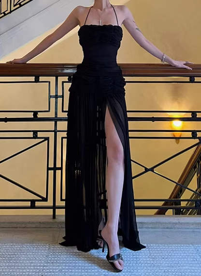 Sexy Prom Dress Black Halter Pleated Tulle Gala Gown Evening Dress Birthday Party Outfits     D5059
