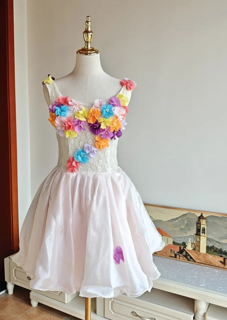 Colorful Homecoming Dress Crew Neck Pleated Floral Short Prom Dress Back to School Outfits Graduation Dress  D5062