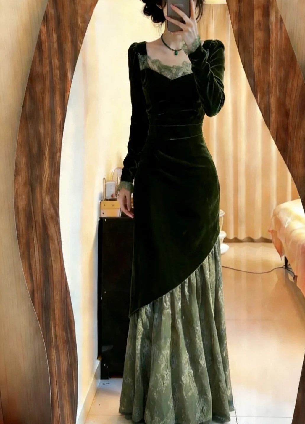 90s Prom Dress Dark Green Velvet Pleated Mermaid Formal Gala Gown Evening Dress Birthday Party Dress     D5077