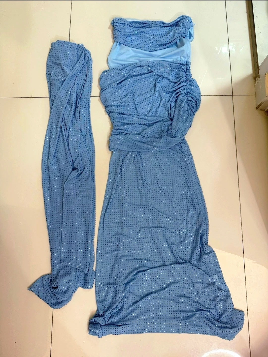 Shiny Prom Dress Blue Strapless Pleated Mermaid Formal Gala Gown Evening Dress Party Outfits     D5089