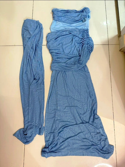 Shiny Prom Dress Blue Strapless Pleated Mermaid Formal Gala Gown Evening Dress Party Outfits     D5089