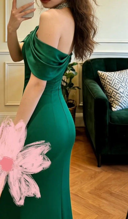 Elegant Prom Dress Dark Green Satin Crew Neck Mermaid Gala Gown Evening Dress Formal Graduation Outfits     D5099