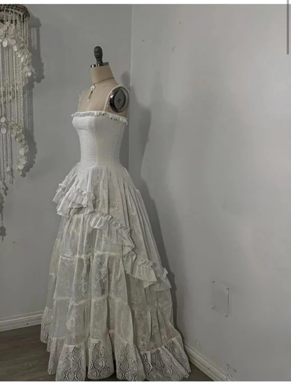 Retro Spaghetti Straps A-Line Lace Ruffles Vintage Wedding Dress Eveing Dress, D862