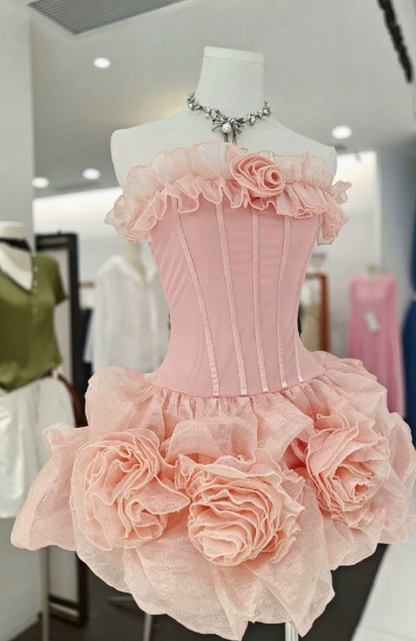Pretty Homecoming Dress Strapless Flower Back to School Outfits Party Dress  D6578