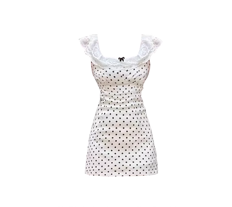 Sweet white polka dot short skirt lace satin slim waist dress female summer a-line skirt R0108