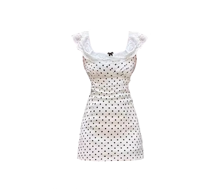 Sweet white polka dot short skirt lace satin slim waist dress female summer a-line skirt R0108