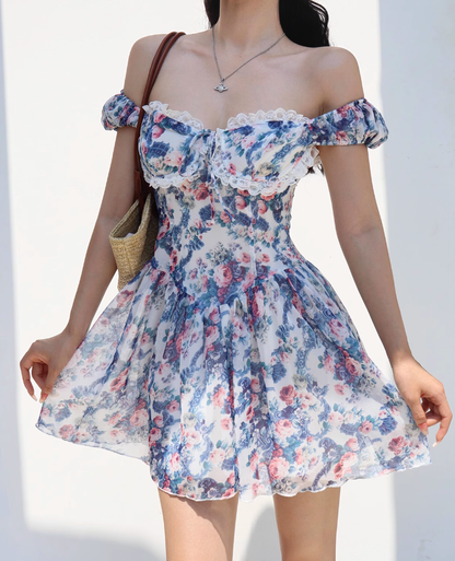 Retro countryside blue floral print dress lace one shoulder vacation skirt R2869